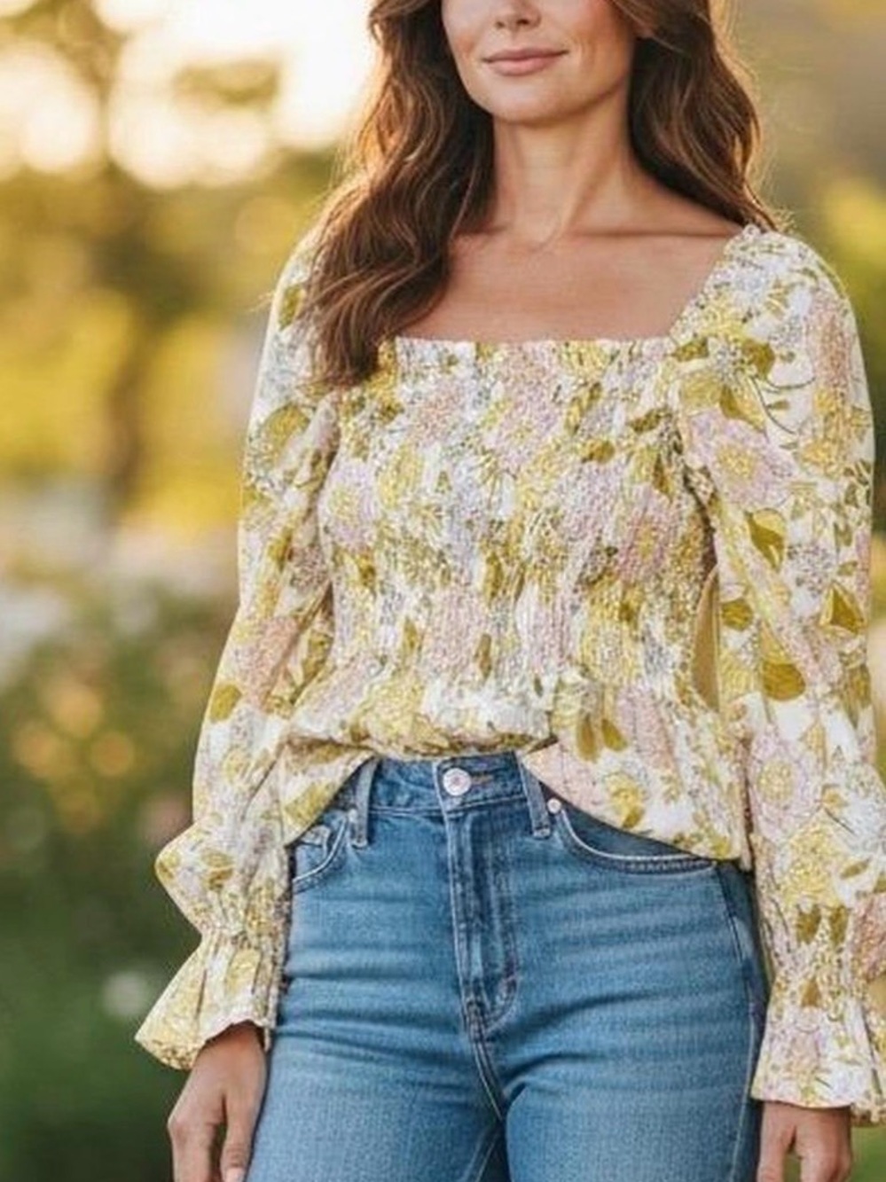 Who What Wear Floral Smocked Square-Neck Blouse in Yellow & Cream